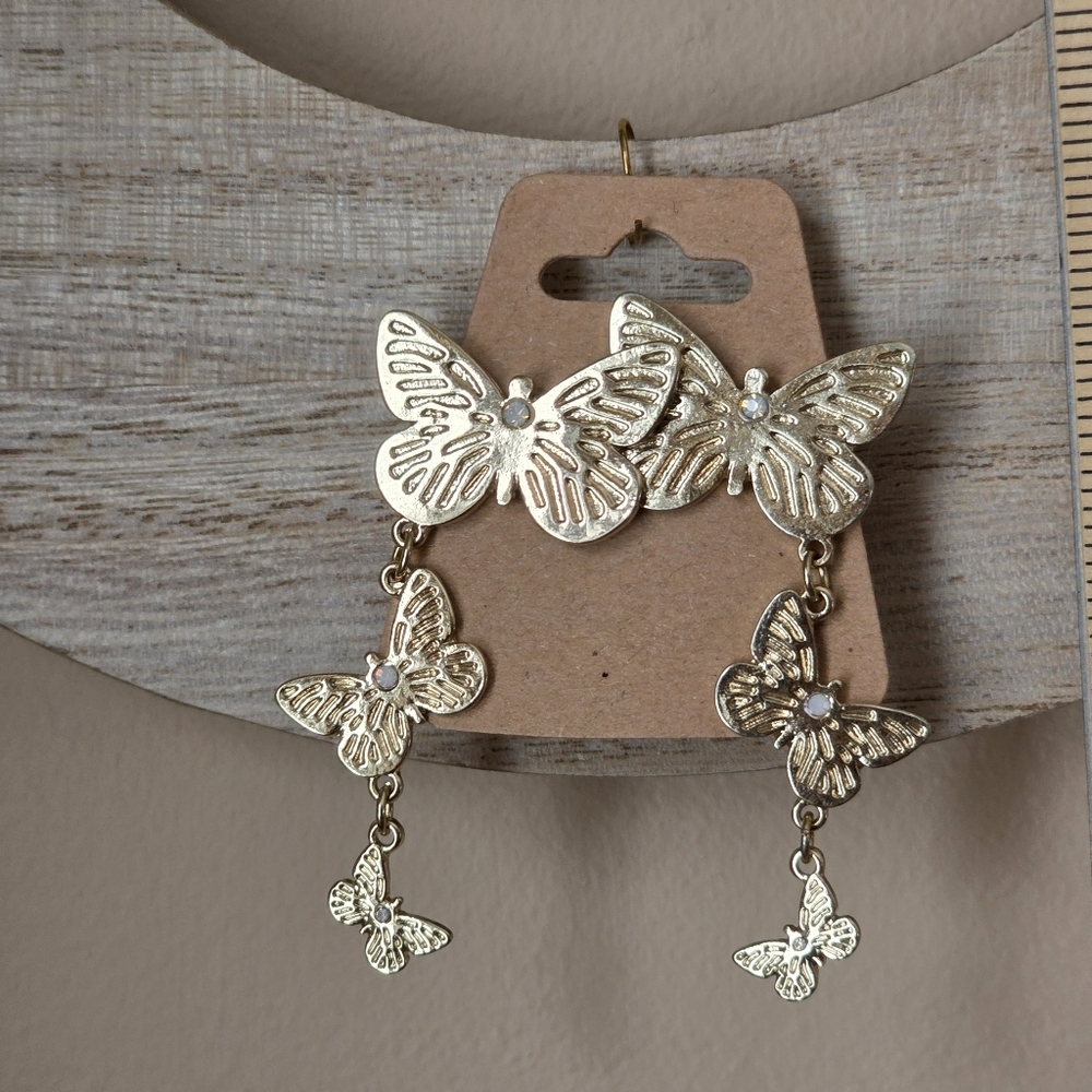 Gold Plated Dangle Butterfly Earrings, 3 Inches Long